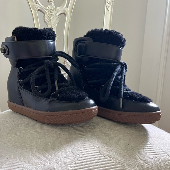 Leather & Fabric Coach Ankle Boots with hidden wedge at Heel 3” , Front 3/4 “ - Picture 3 of 5